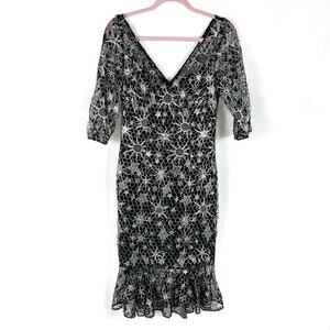 Marchesa Notte Lace Dress Black Silver V-Neck‎ Midi Cocktail Guipure Sz 6